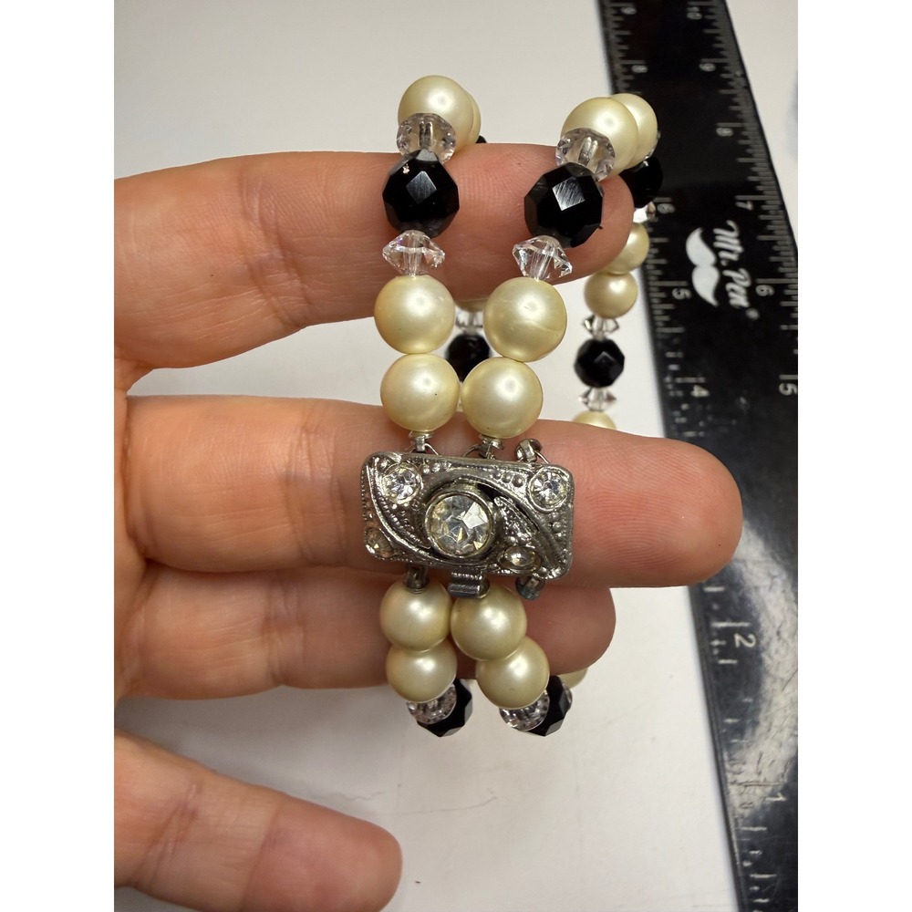 Vintage Double Strand Faux Pearl Bracelet Black Beads Rhinestone Clasp Art Deco